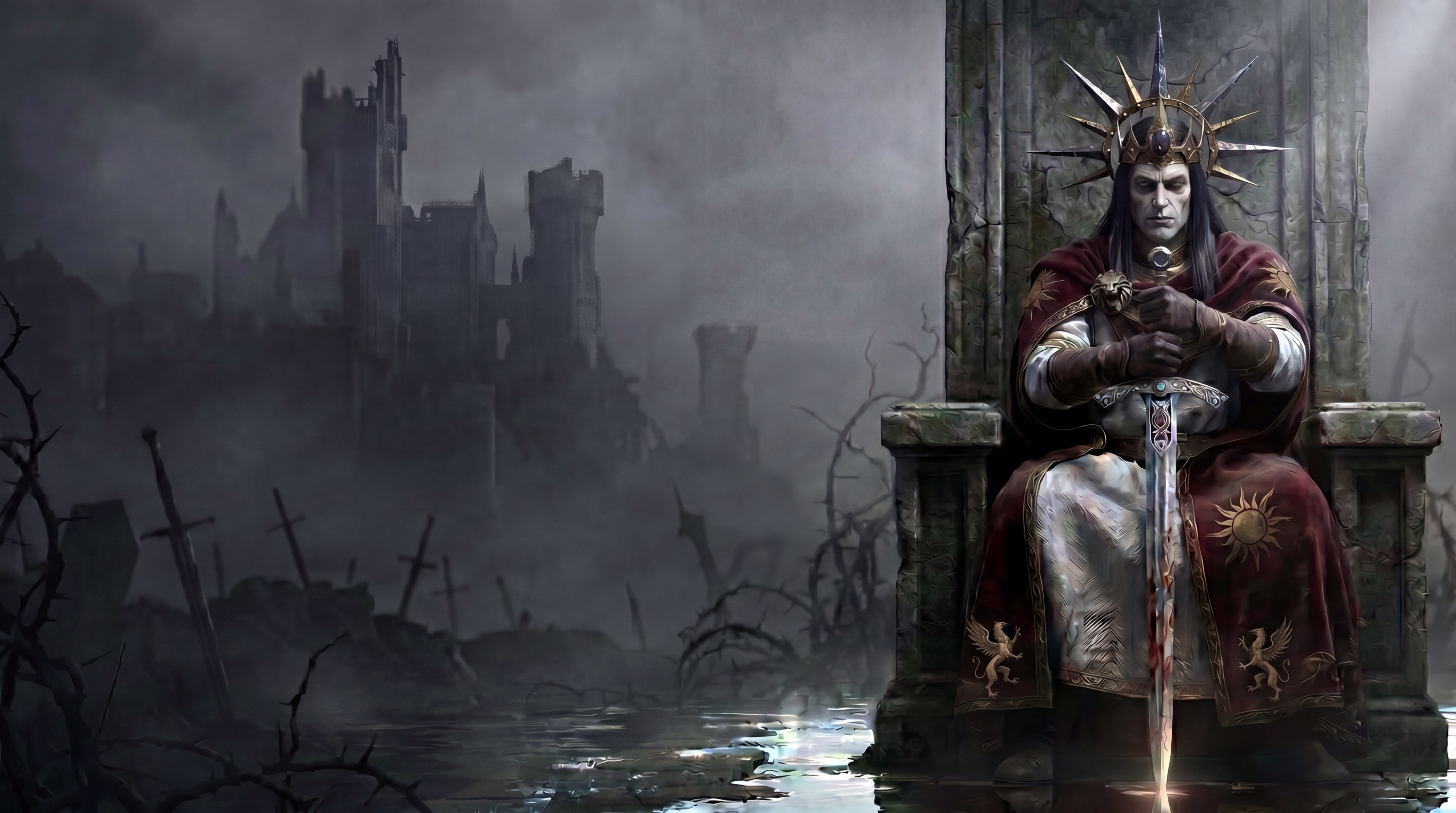 A crowned ruler sits on a stone throne beside a mist-covered medieval fortress.